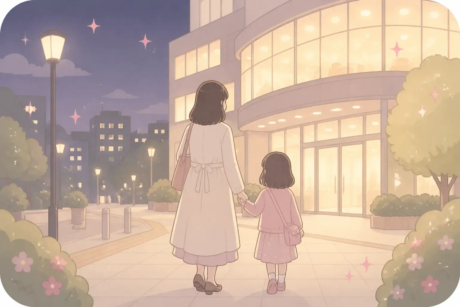 夜の通塾帰りの親子のイメージ