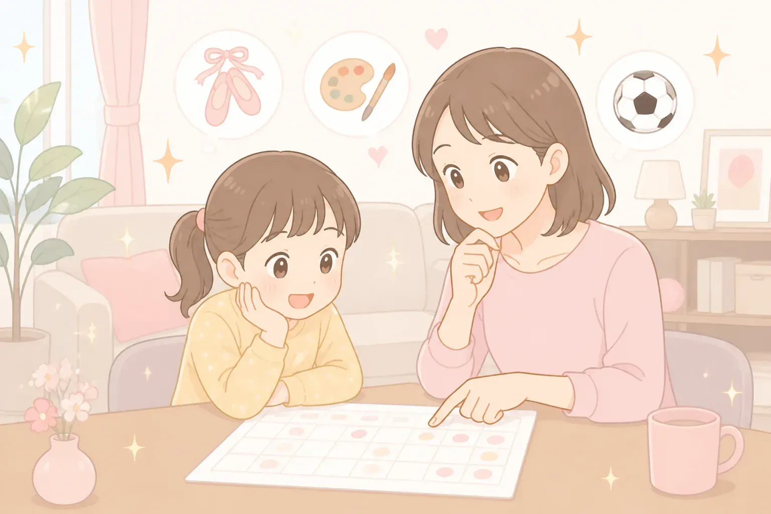 習い事の予定と費用を家庭で話し合うイメージ